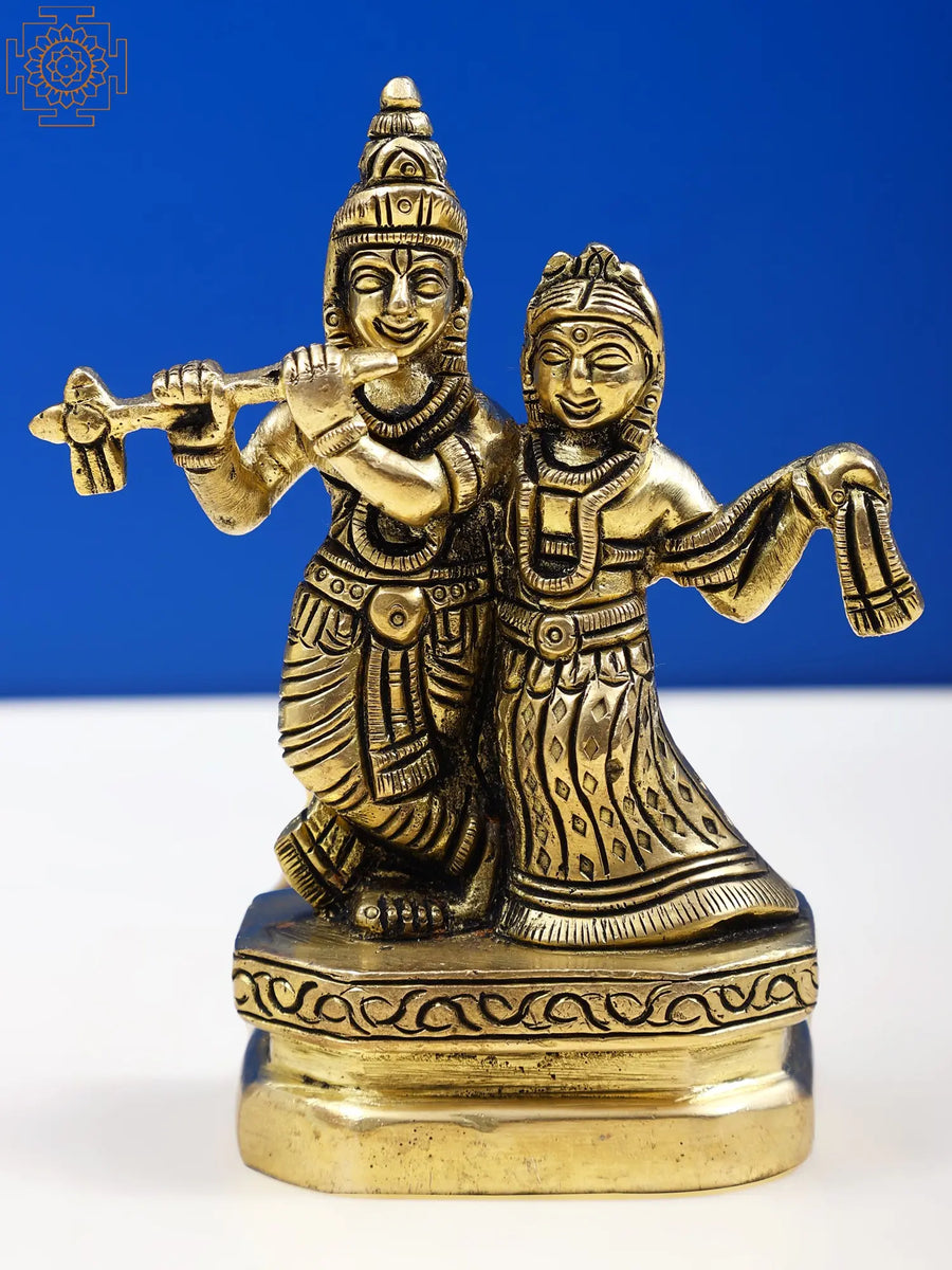 4" Brass Radha Krishna Handmade Sculpture for Pooja