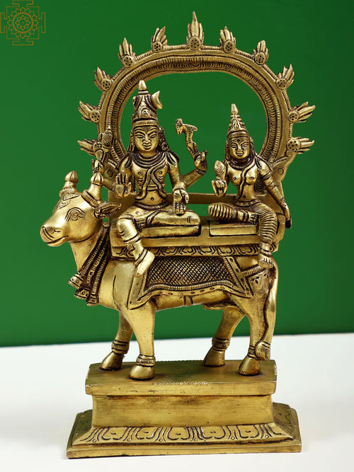 9" Handmade Brass Shiva Parvati Seated on Nandi Statue