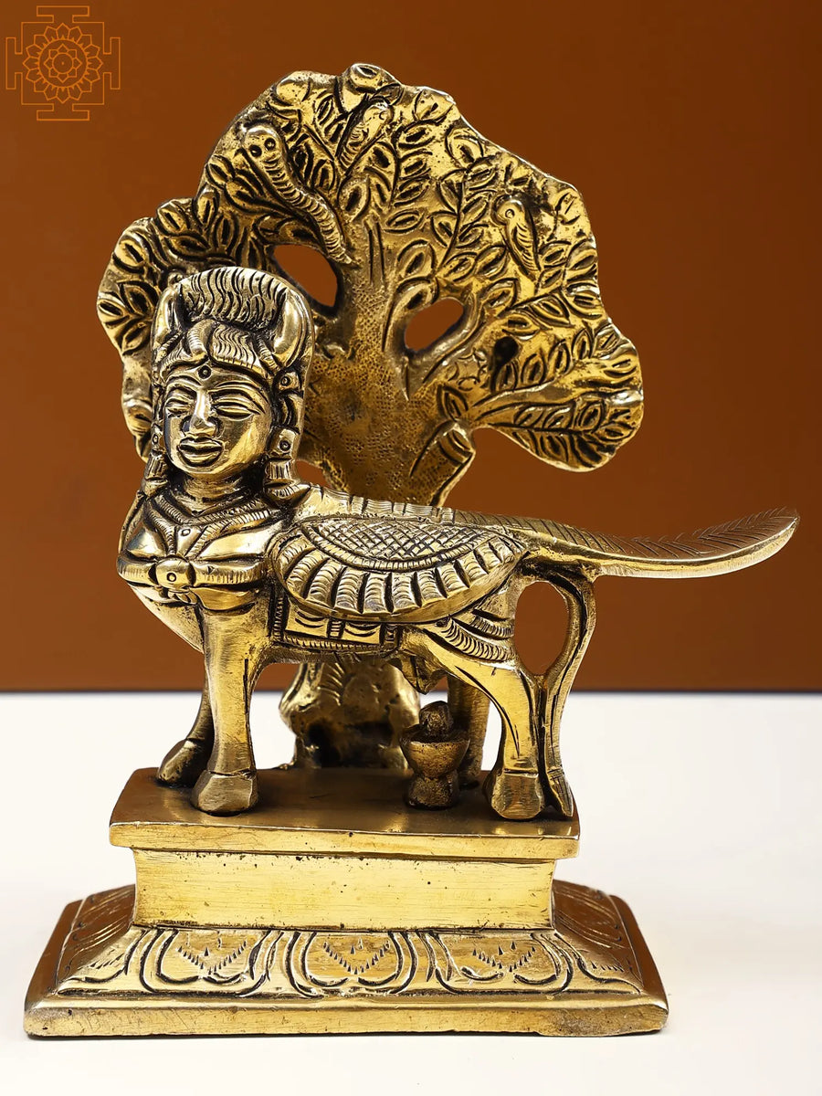5" Handmade Kamdhenu Cow Brass Statue Under Kalpvriksha Tree