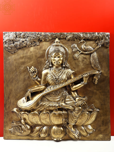 36" Large Goddess Saraswati Brass Wall Panel | Handmade