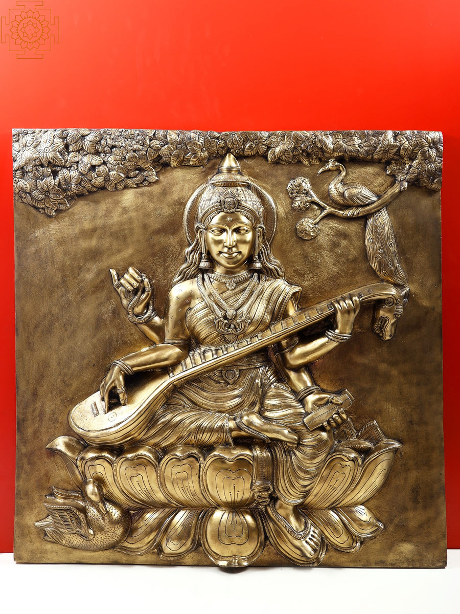 36" Large Goddess Saraswati Handmade Brass Wall Panel