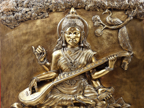 36" Large Goddess Saraswati Brass Wall Panel | Handmade