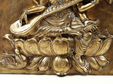 36" Large Goddess Saraswati Brass Wall Panel | Handmade