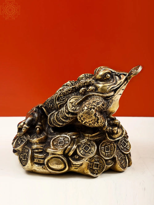 8" Handmade Brass Feng Shui Leaping Frog Statue