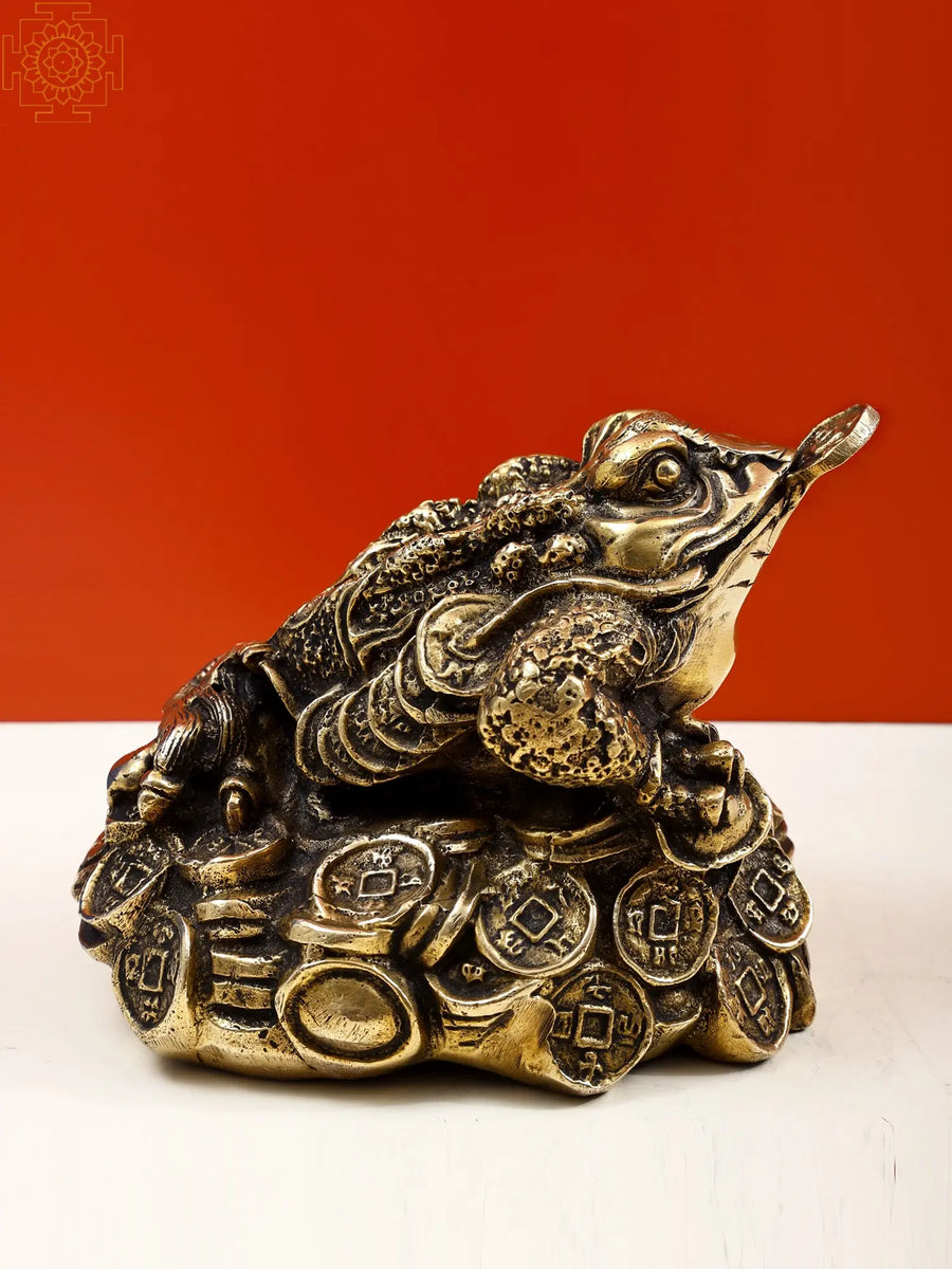 8" Handmade Brass Feng Shui Leaping Frog Statue