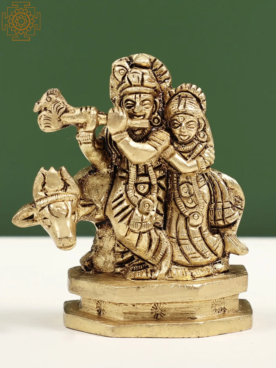 2" Brass Radha Krishna Idol with Cow Handmade