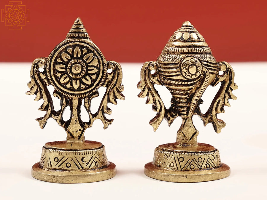 2" Handmade Brass Vaishnava Symbols Statue Set - Conch and Chakra Pair