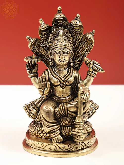 5" Bhagawan Vishnu Seated on Sheshnag Brass Statue Handmade