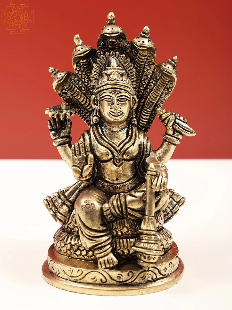 5" Bhagawan Vishnu Seated on Sheshnag Brass Statue Handmade