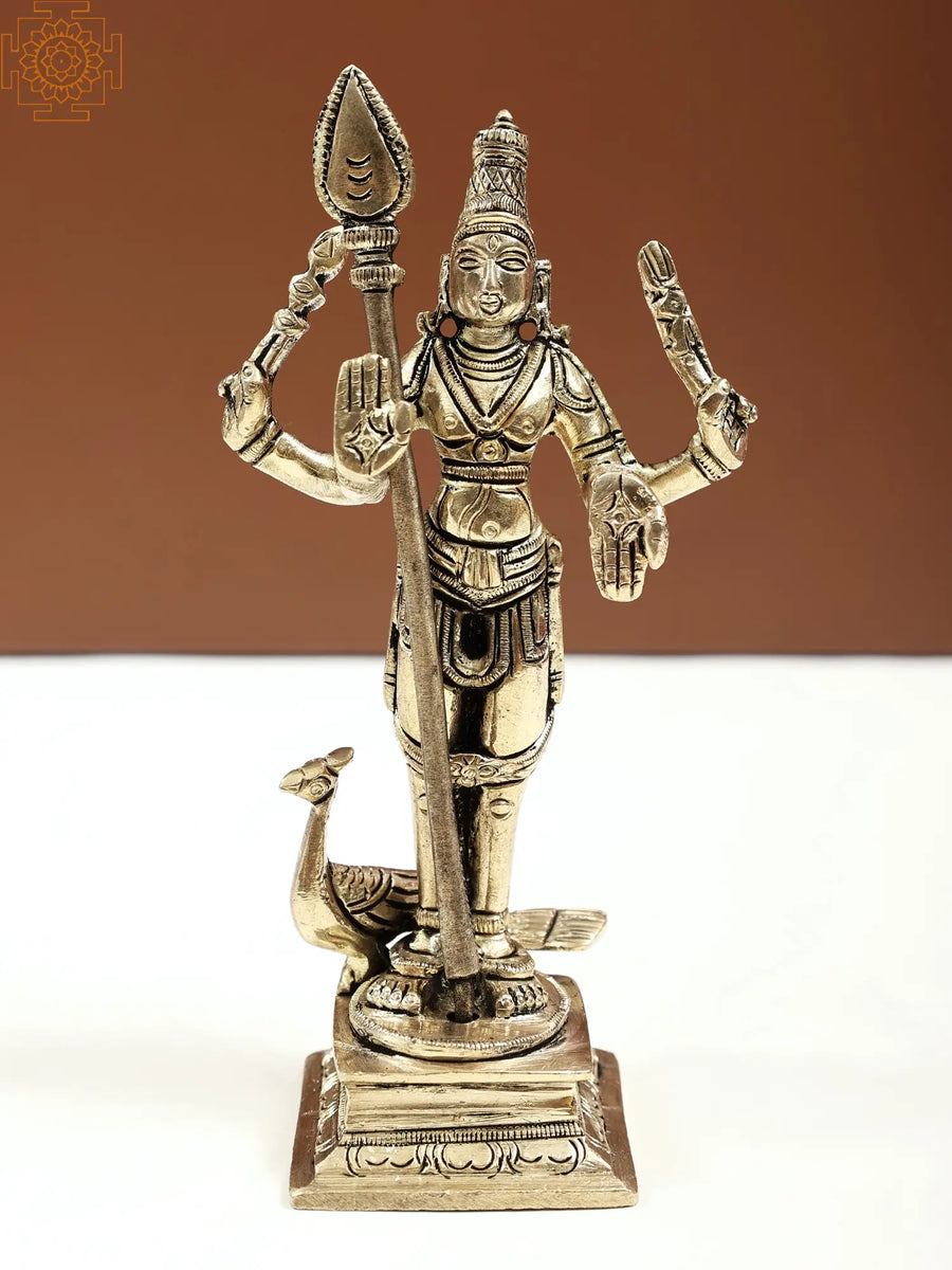 5" Brass Standing Lord Karttikeya Handmade Sculpture