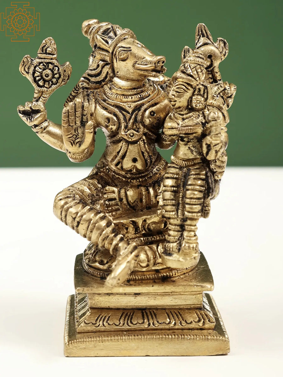 4" Handmade Brass Vishnu Varaha Avatar Idol with Lakshmi Statue