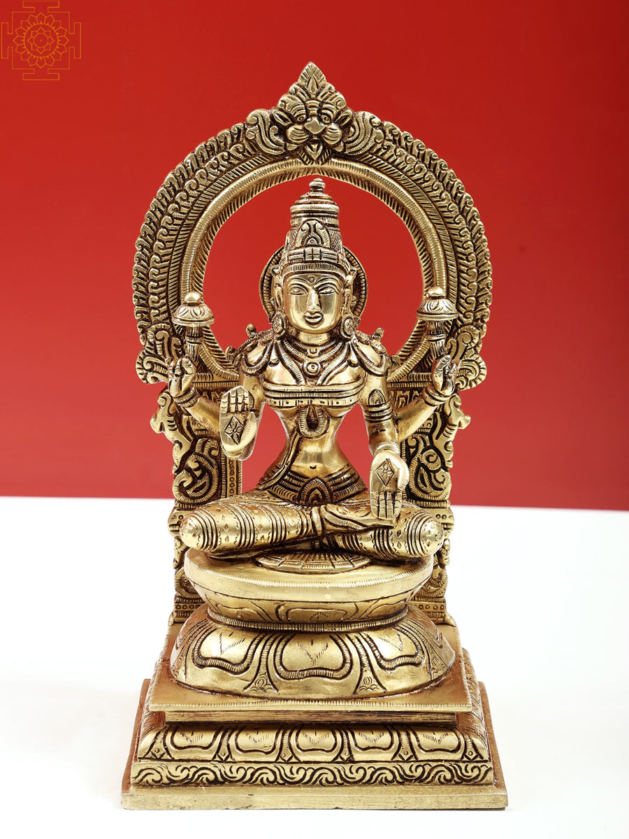 10" Four Armed Seated Goddess Lakshmi Blessing Mudra Brass Idol