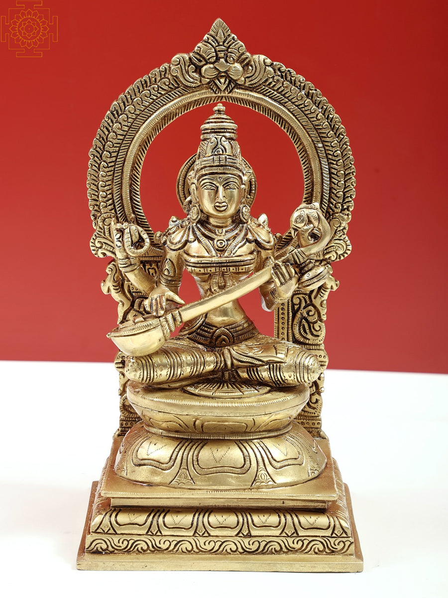 10" Four Armed Goddess Saraswati with Veena Brass Statue Handmade