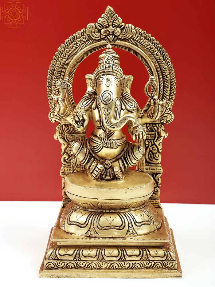10" Handmade Four Armed Seated Ganesha Brass Statue with Modak