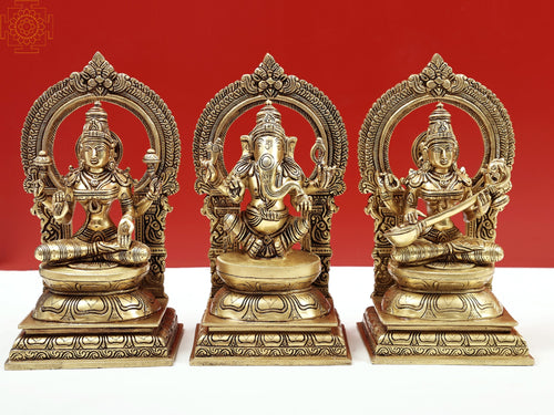 10" Brass Goddess Lakshmi Ganesha Saraswati Statues Set Handmade