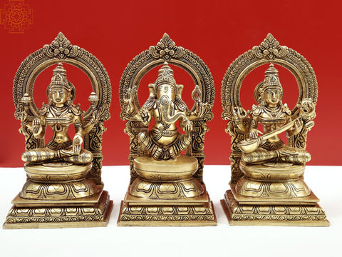 10" Brass Statues of Goddess Lakshmi Ganesha and Saraswati | Handmade
