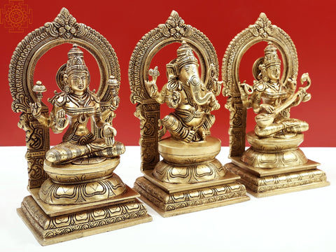 10" Brass Statues of Goddess Lakshmi Ganesha and Saraswati | Handmade