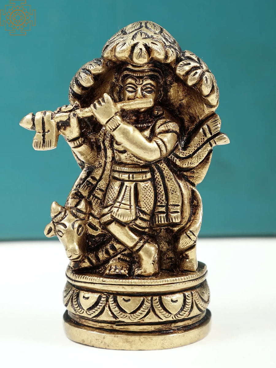 Small Fluting Krishna Under Kadamba Tree Handmade Brass Statue