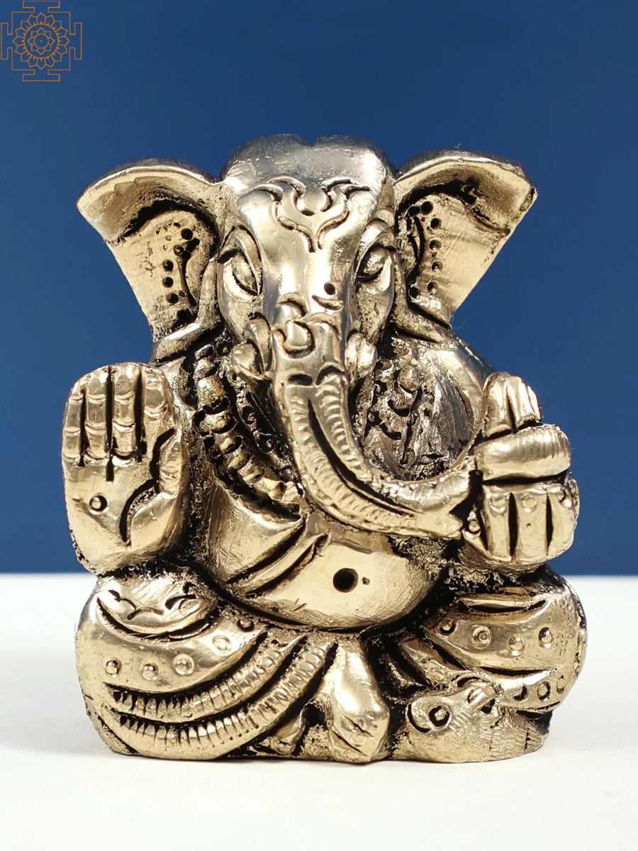 1" Handmade Blessing Seated Ganesha Brass Sculpture
