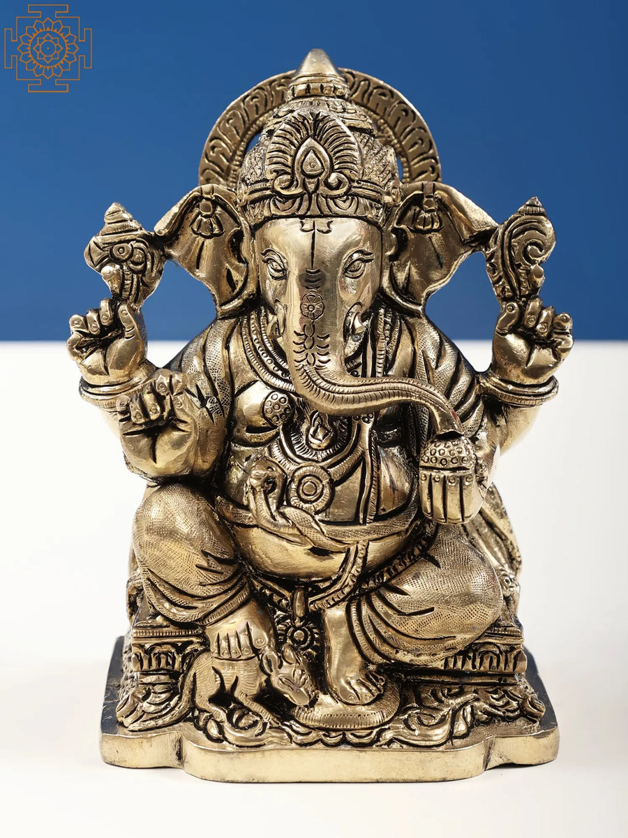 5" Handmade Brass Four Armed Seated Ganesha Idol for Pooja