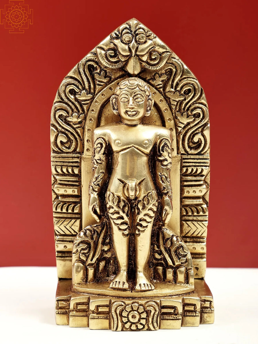 5" Brass Bhagawan Mahavir Statue on Kirtimukha Throne for Pooja