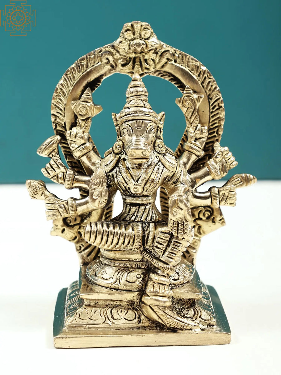 4" Brass Goddess Varahi on Kirtimukha Handmade Statue