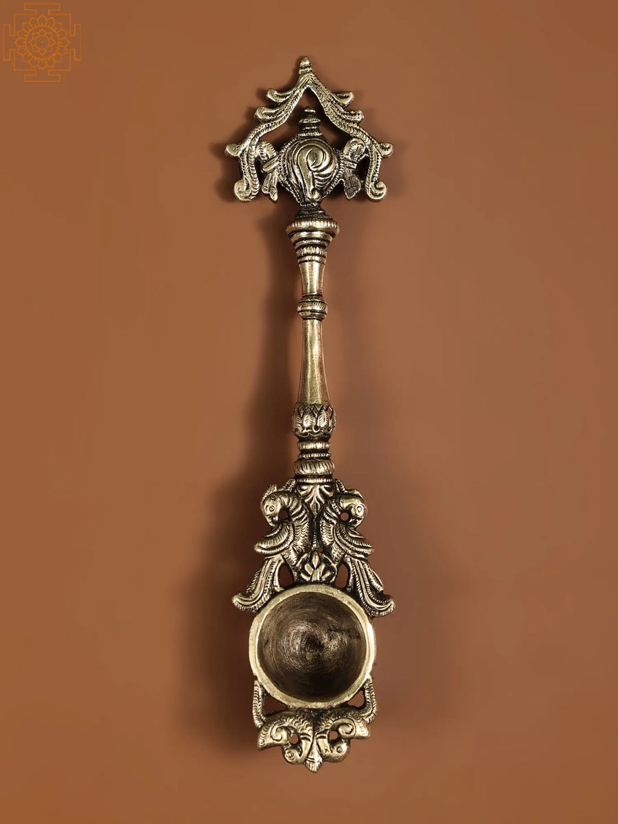 9" Brass Conch Ritual Spoon with Peacock Pair Handmade
