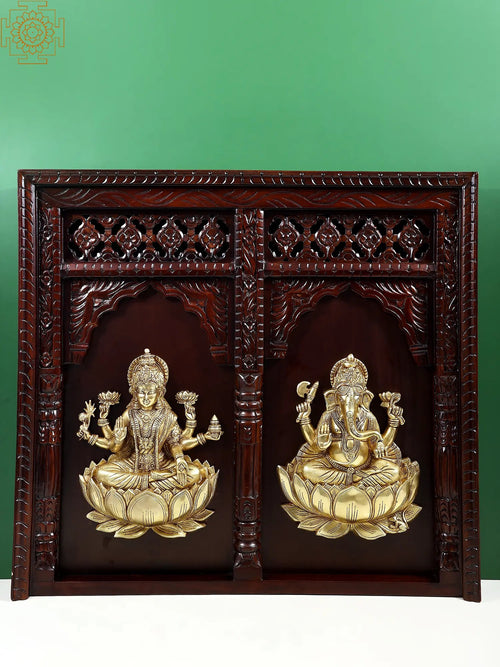 39" Large Ganesha Lakshmi Brass Idol Wooden Wall Hanging