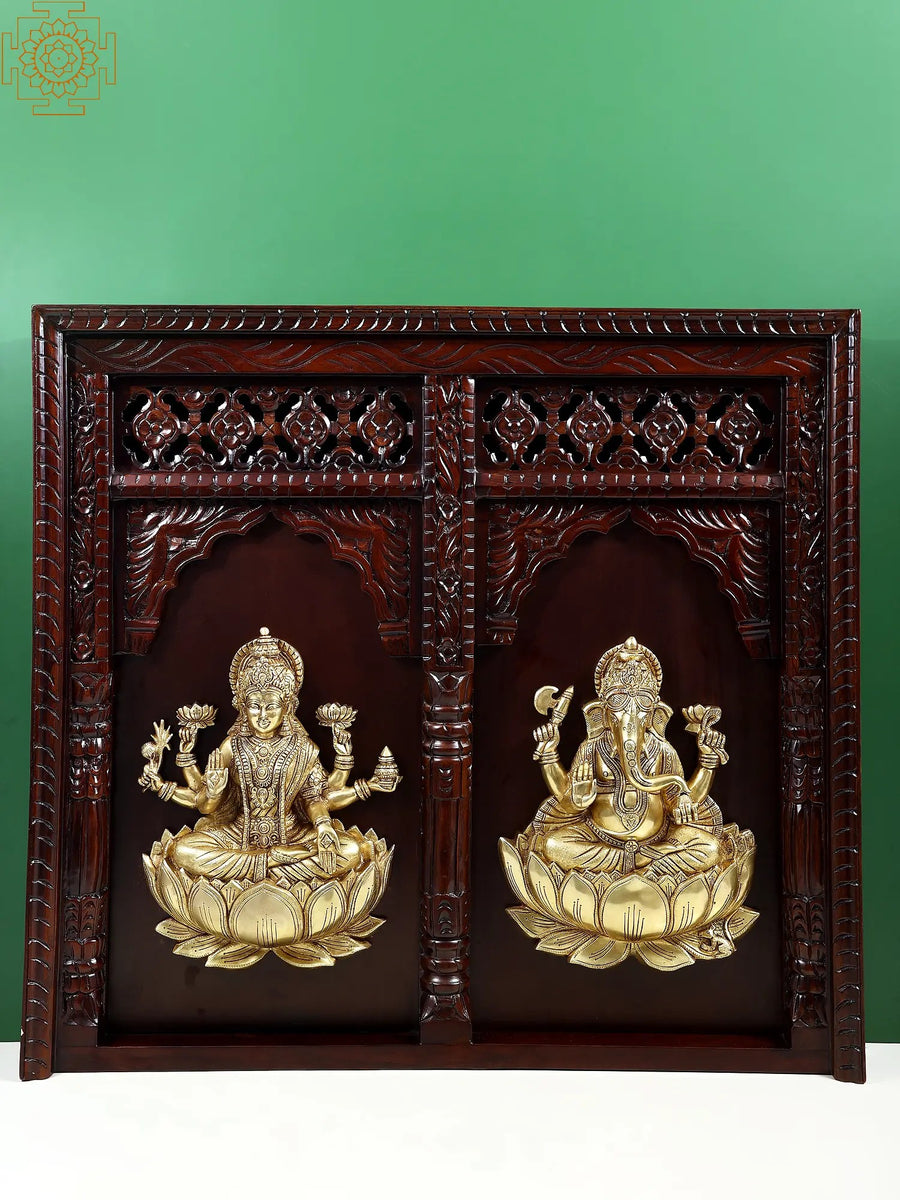 39" Large Ganesha Lakshmi Brass Idol Wooden Wall Hanging