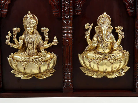 39" Large Ganesha Lakshmi Brass Idol in Wooden Wall Panel | Handmade Art
