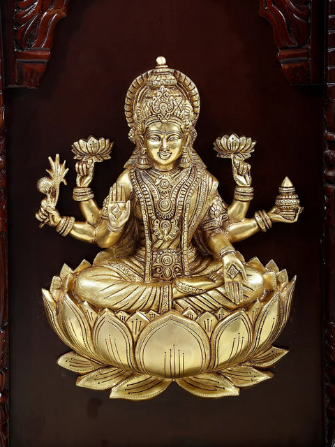 39" Large Ganesha Lakshmi Brass Idol in Wooden Wall Panel | Handmade Art