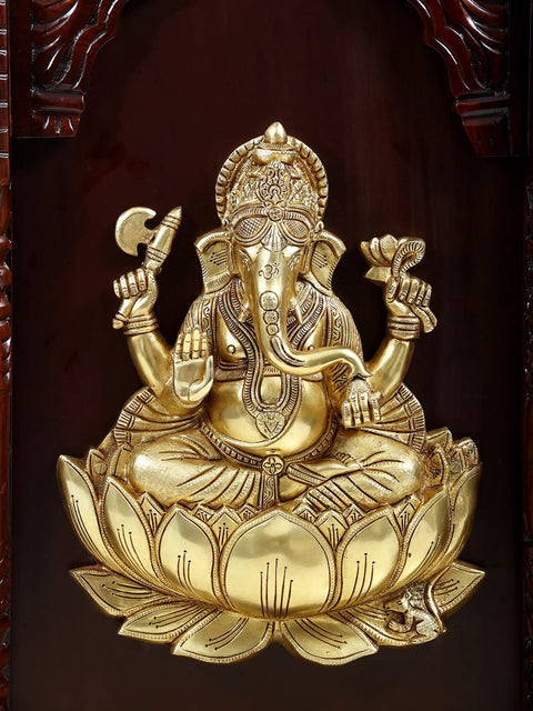 39" Large Ganesha Lakshmi Brass Idol in Wooden Wall Panel | Handmade Art