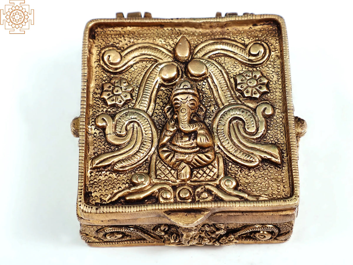 3" Small Brass Ganesha Carved Box | Handmade