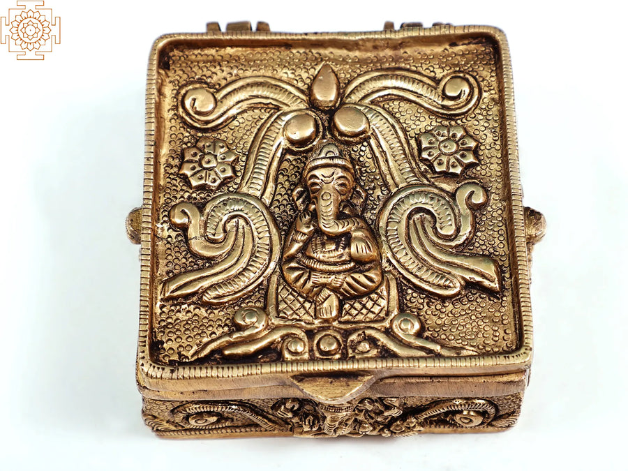 3" Small Brass Ganesha Carved Box Handmade