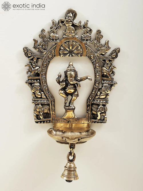 12" Handmade Brass Dancing Ganesha Diya with Bell