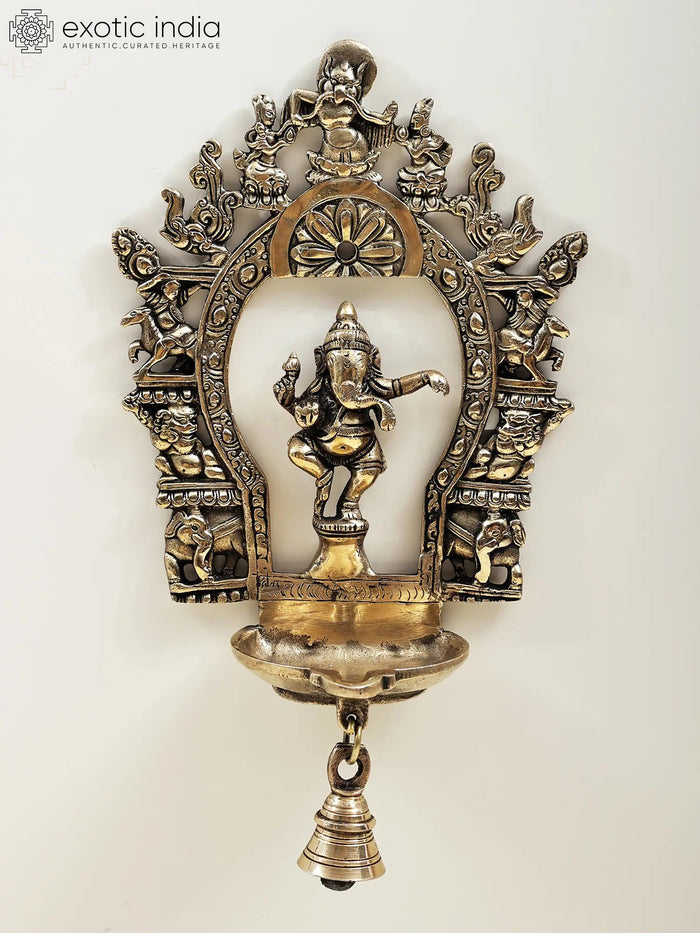 12" Handmade Brass Dancing Ganesha Diya with Bell