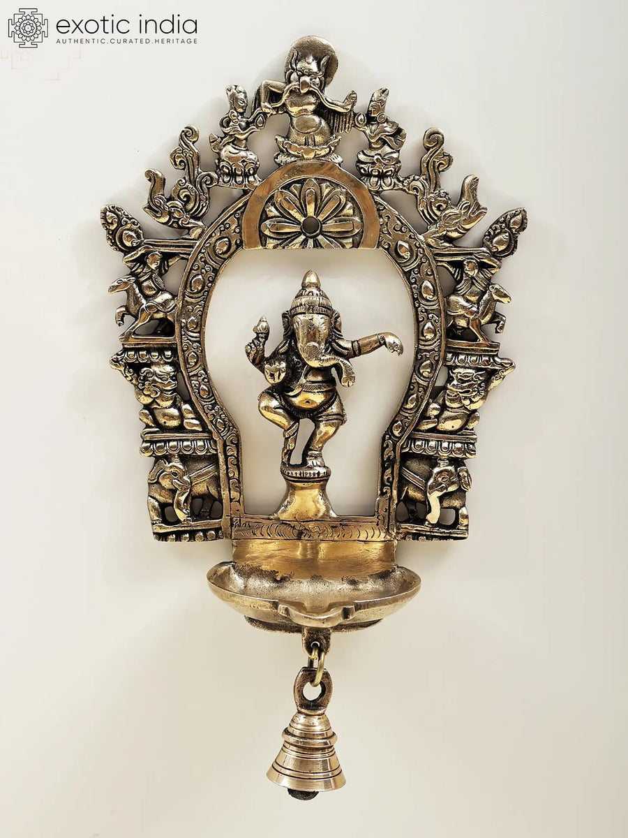 12" Handmade Brass Dancing Ganesha Diya with Bell