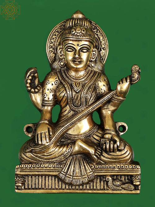 7" Handmade Goddess Saraswati Brass Statue with Veena