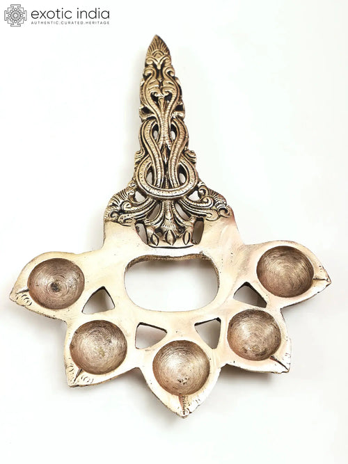 9" Handmade Panch Aarti Diya Brass Lamp for Pooja