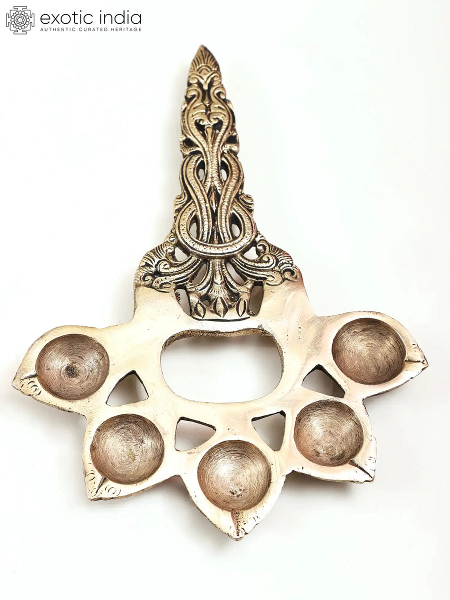 9" Handmade Panch Aarti Diya Brass Lamp for Pooja