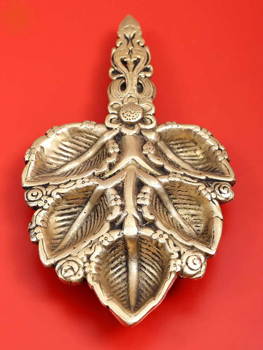 9" Brass Leaf Design Hand-Held Puja Panch Aarti Diya Handmade