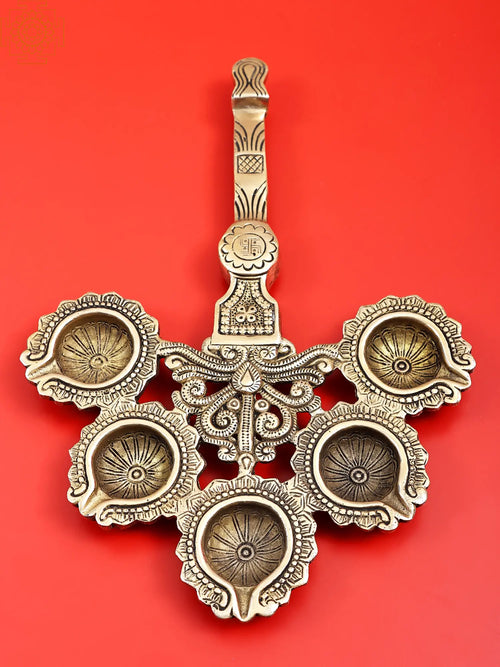 12" Handmade Brass Puja Panch Aarti Diya with Handle