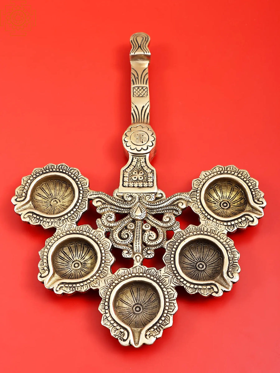 12" Handmade Brass Puja Panch Aarti Diya with Handle
