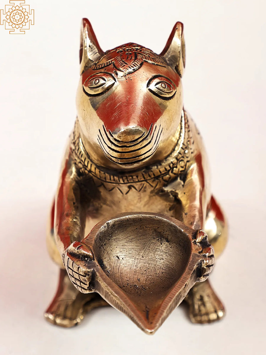 7" Handmade Brass Ganesha Rat Diya Oil Lamp