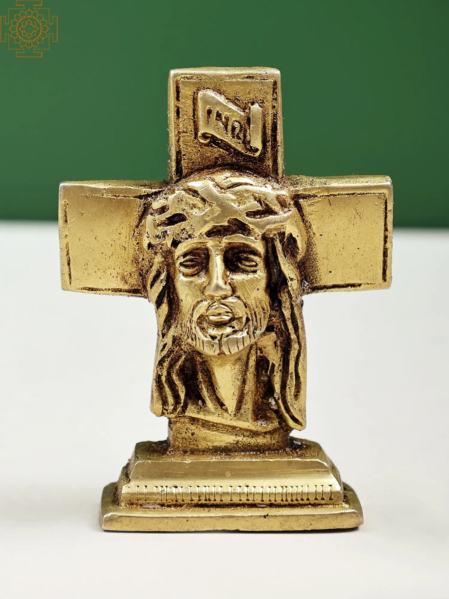 3" Handmade Brass Jesus Christ Face Cross Statue