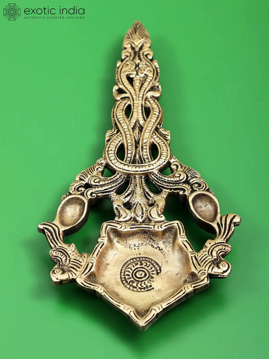 8" Handmade Brass Aarti Diya with Handle for Pooja