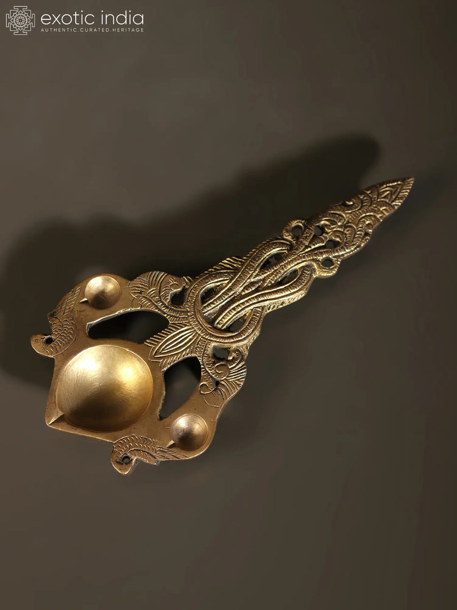 7" Handmade Brass Aarti Diya with Handle for Pooja