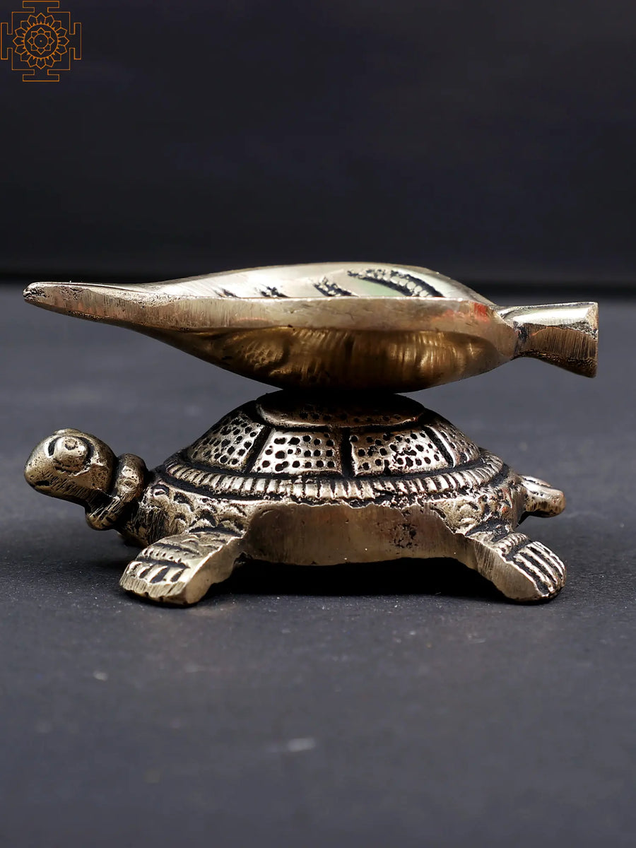 3" Brass Pipal Leaf Diya on Turtle Handmade Statue