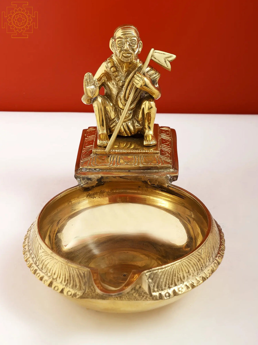 9" Brass Kanchi Maha Periyava Oil Lamp Handmade