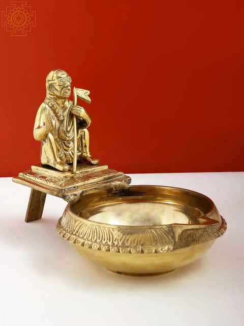 9" Brass Kanchi Maha Periyava Oil Lamp | Handmade